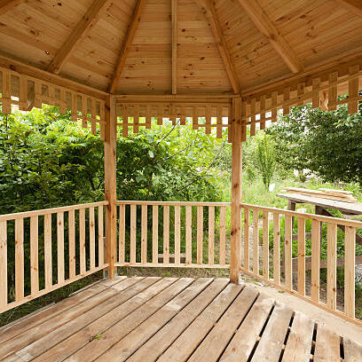 Inside of wooden gazebo under construction